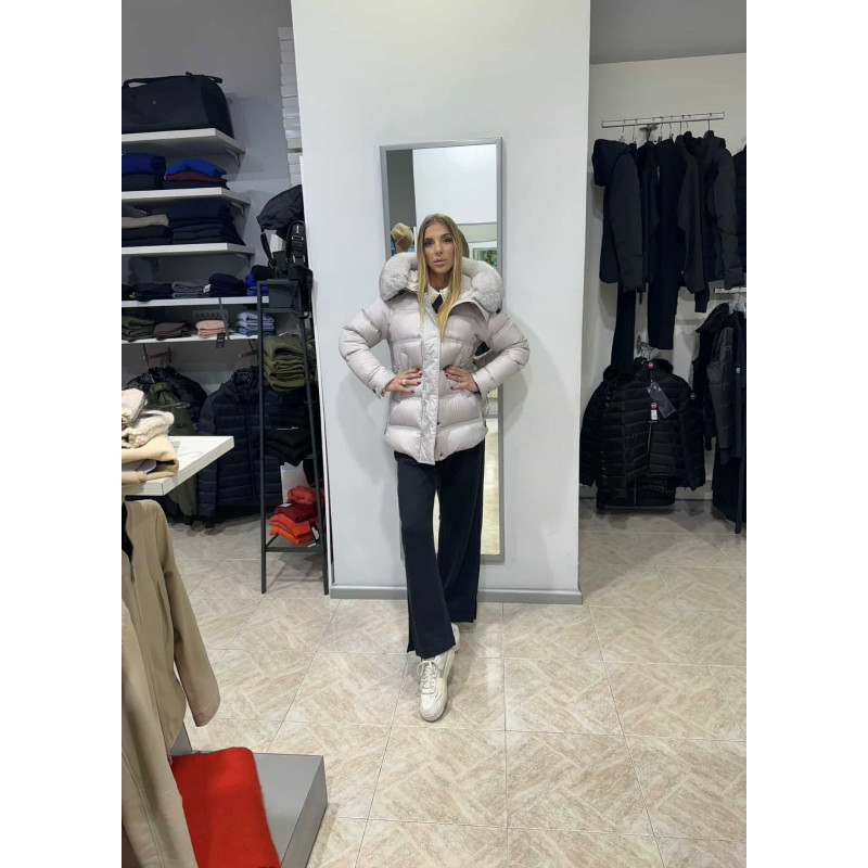PEUTEREY Piumino Con Cappuccio Bordato In Pelliccia TAKAN MQS 03 FUR Grigio Perla